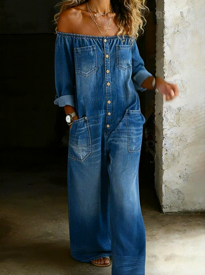 Elena™ – La combinaison denim épaules dénudées, simple et facile à vivre