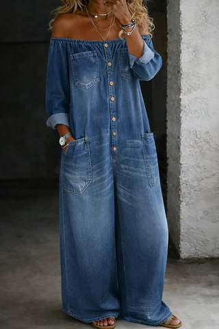 Elena™ – La combinaison denim épaules dénudées, simple et facile à vivre