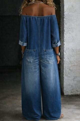 Elena™ – La combinaison denim épaules dénudées, simple et facile à vivre