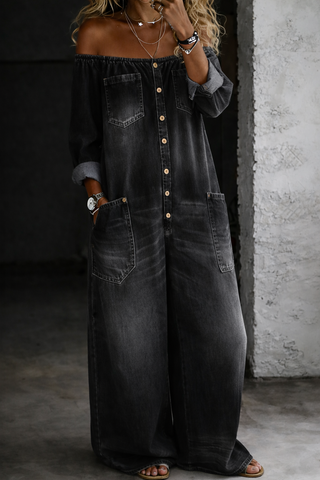 Elena™ – La combinaison denim épaules dénudées, simple et facile à vivre