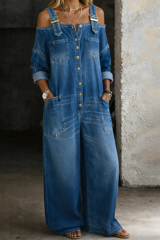 Sophia™ – La combinaison denim épaules dénudées, confortable du matin au soir