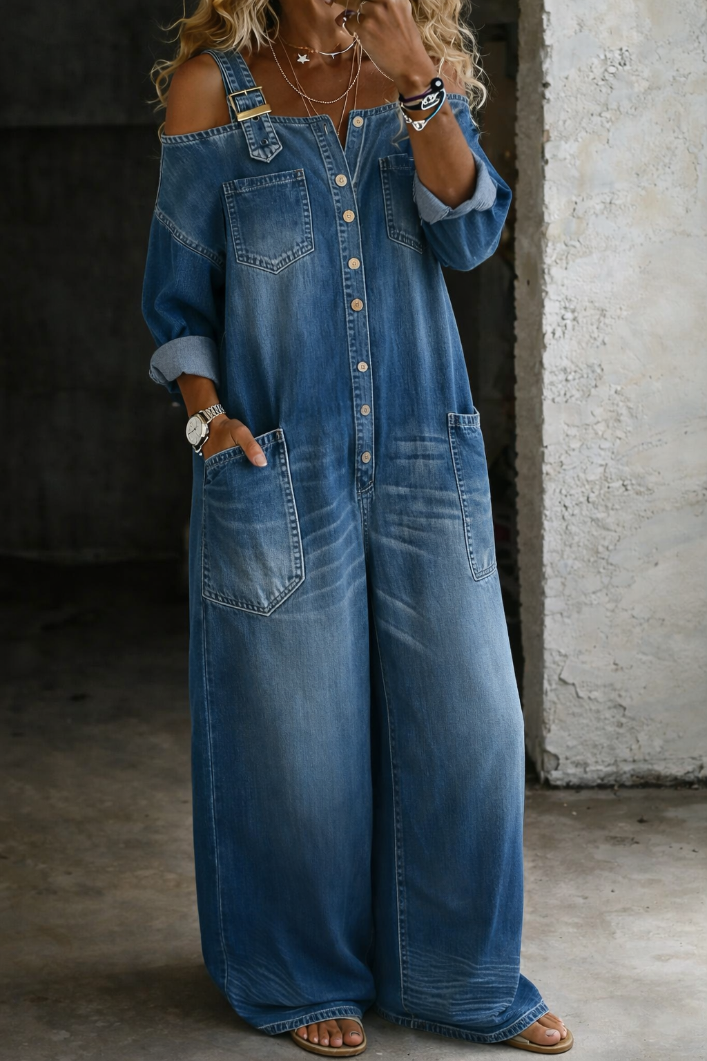 Sophia™ – La combinaison denim épaules dénudées, confortable du matin au soir