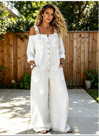 Stephanie™ – La combinaison denim épaules dénudées pour un été sans effort