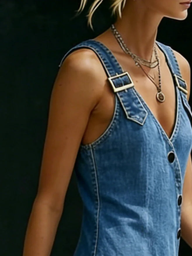 Vera™ – La robe longue en denim boutonné, ample et facile à vivre