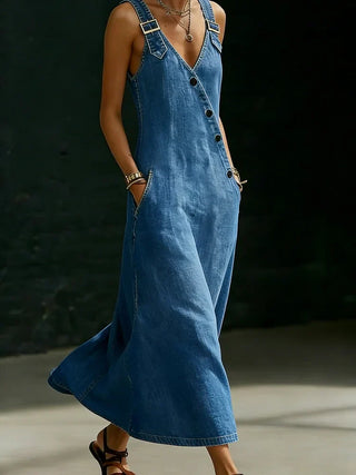 Vera™ – La robe longue en denim boutonné, ample et facile à vivre