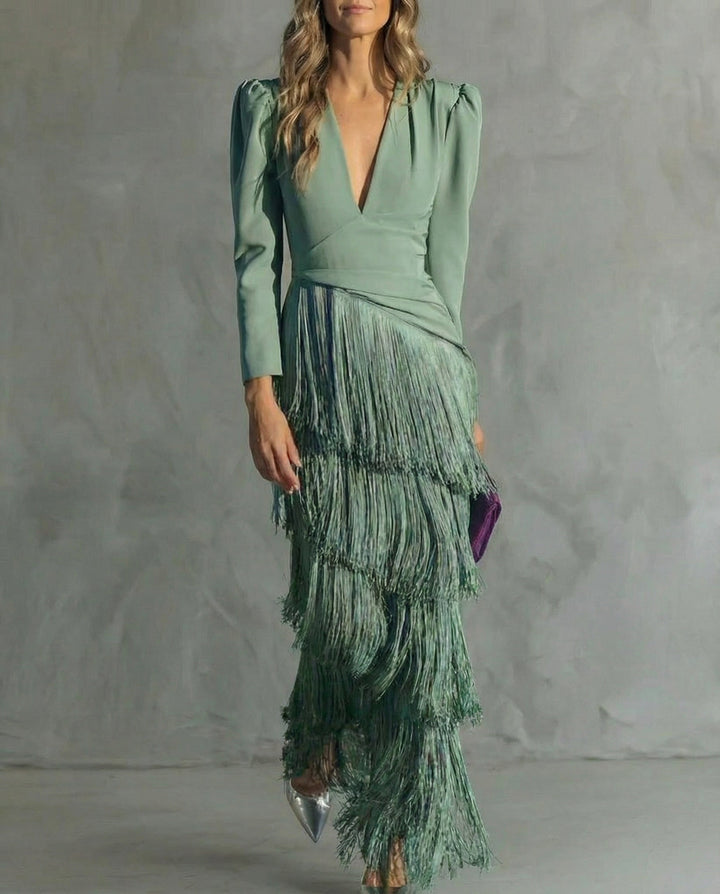 Clara | Robe midi élégante à manches frangées